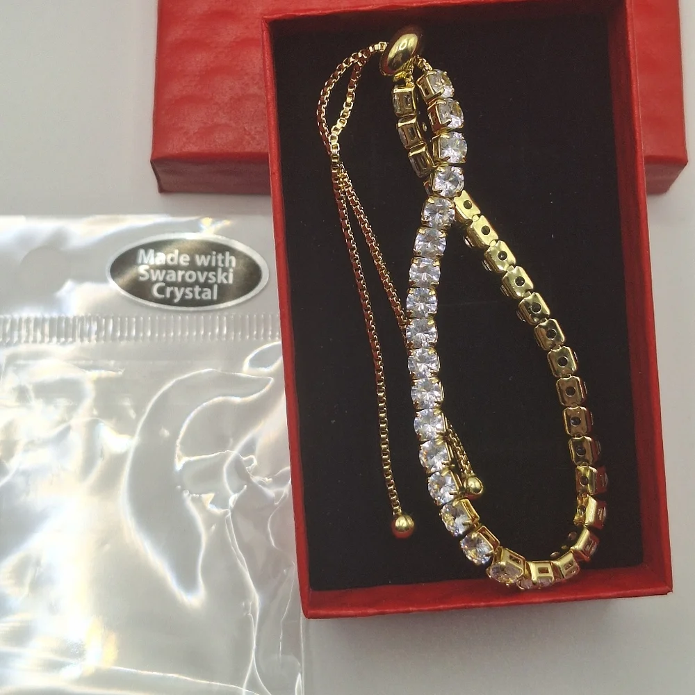 Gold-Tone Swarovski Crystal Adjustable Tennis Bracelet | Slider Style